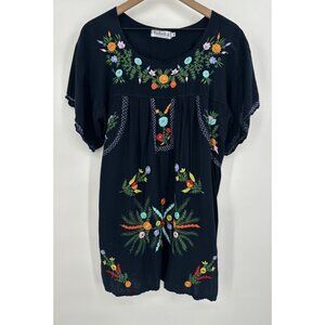 Back from Bali Hand Made Floral Embroidered Tunic Top Women XL Navy Colorful